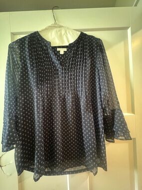 Charter Club Size Small Navy Sheer Pintuck Blouse with Micro Diamond Print
